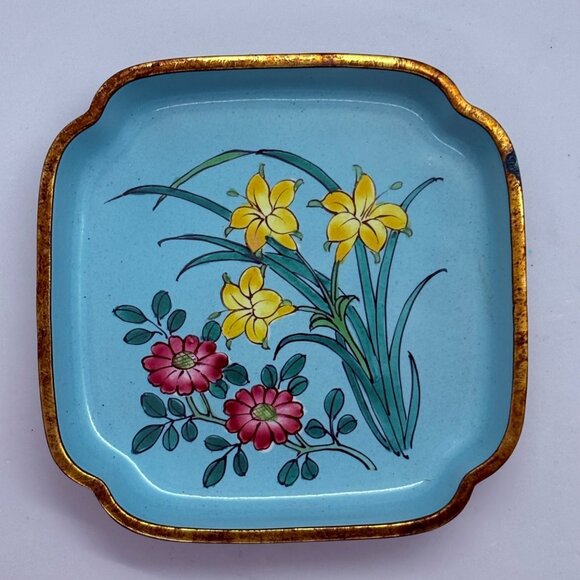 Vintage Square Ceramic Floral Trinket Dish With Gold Rim - Picture 3 of 5